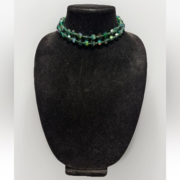 Vintage Signed Carnegie Double-Strand Green Iridescent 13-inch Necklace #4806